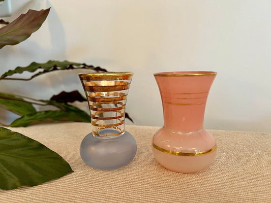 Pair of Mid - Century Striped Glass Vases Pink Blue Gold - Loom Vintage