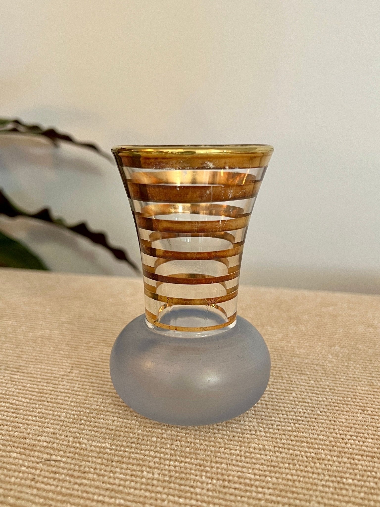 Pair of Mid - Century Striped Glass Vases Pink Blue Gold - Loom Vintage