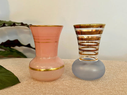 Pair of Mid - Century Striped Glass Vases Pink Blue Gold - Loom Vintage
