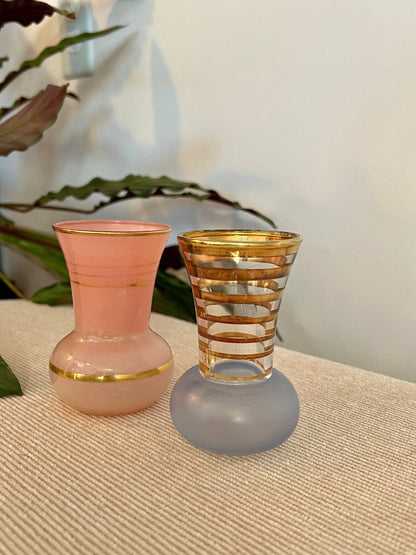 Pair of Mid - Century Striped Glass Vases Pink Blue Gold - Loom Vintage