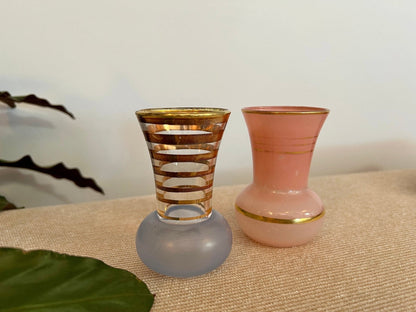 Pair of Mid - Century Striped Glass Vases Pink Blue Gold - Loom Vintage