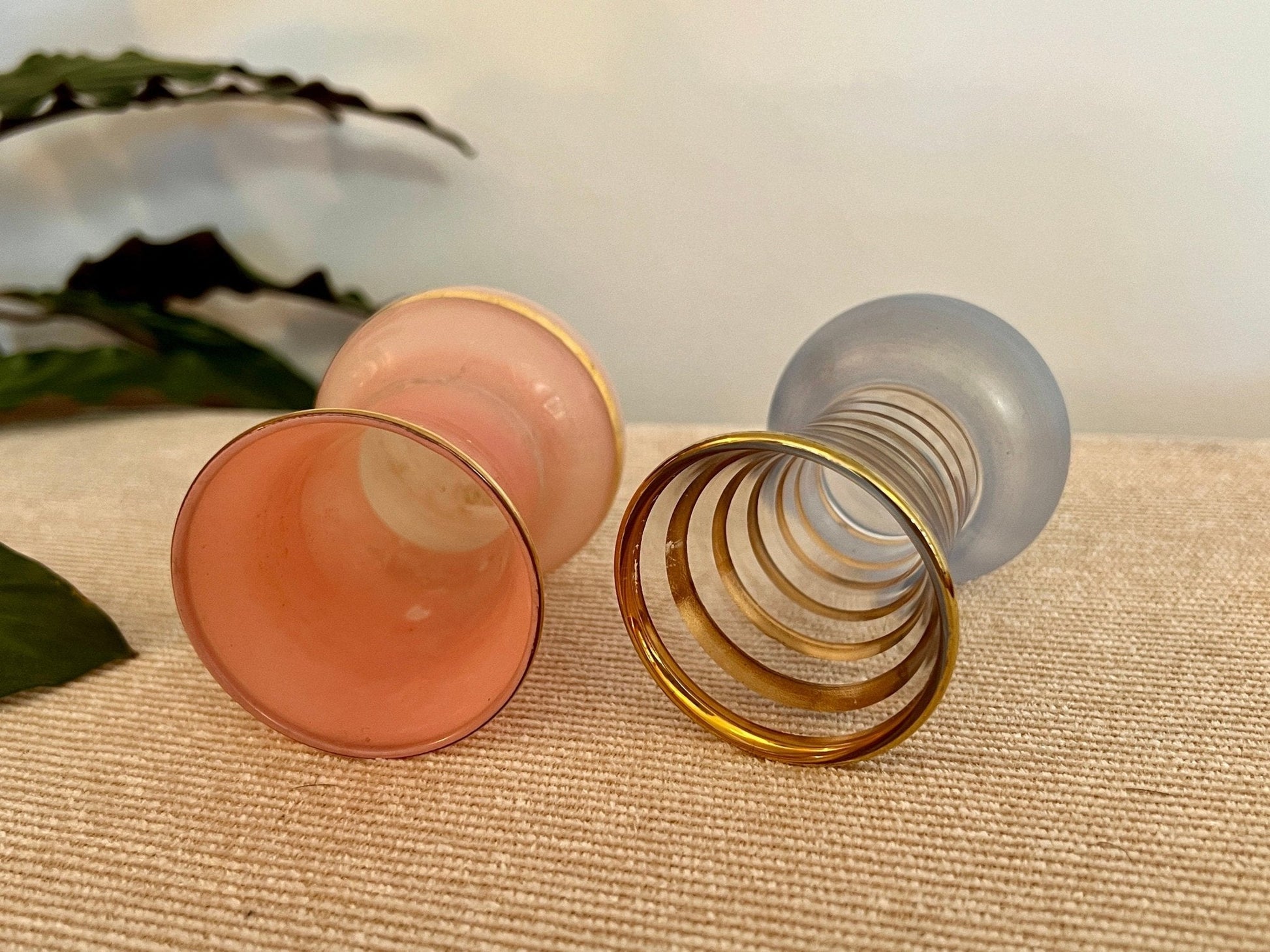 Pair of Mid - Century Striped Glass Vases Pink Blue Gold - Loom Vintage