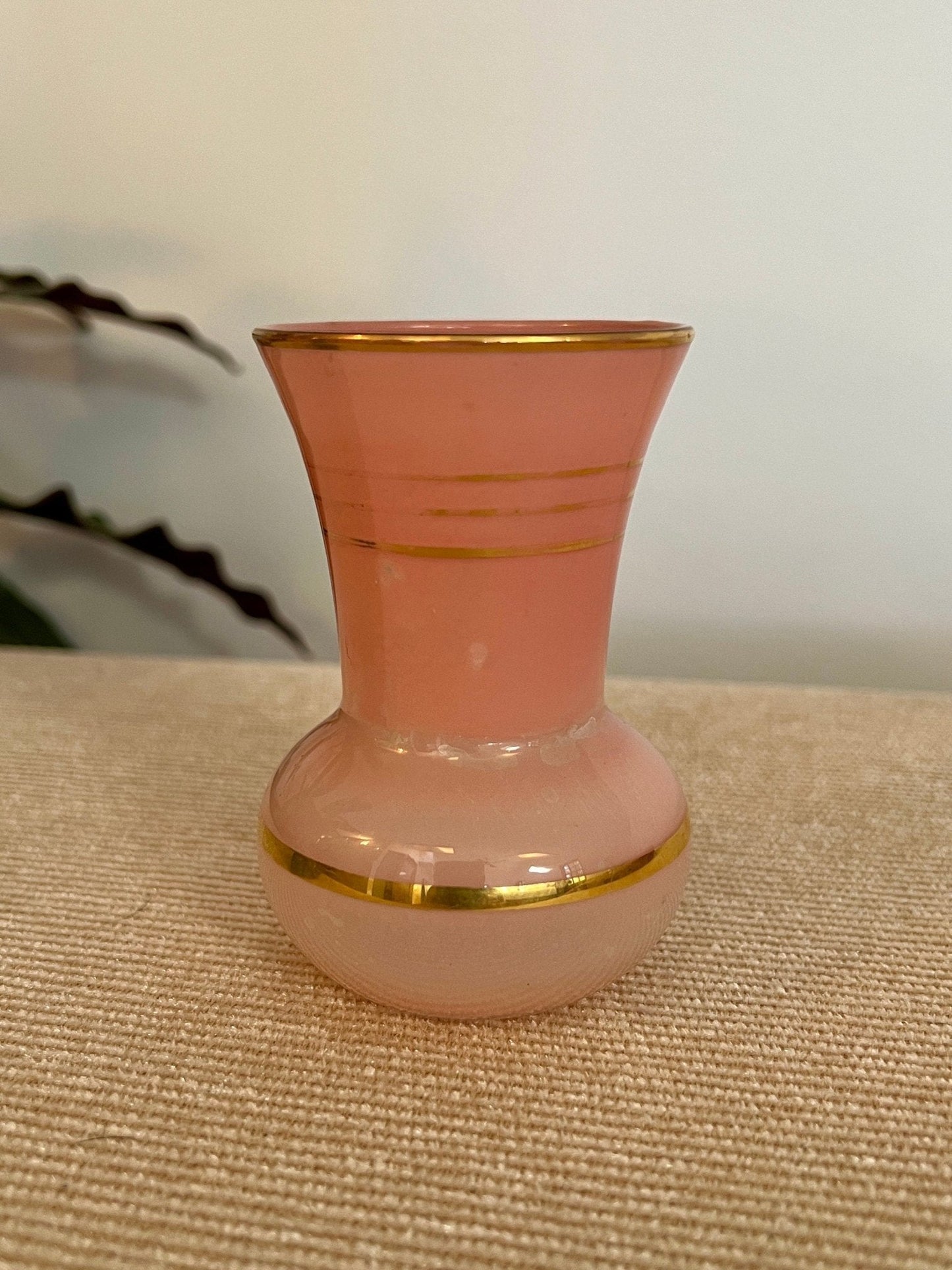 Pair of Mid - Century Striped Glass Vases Pink Blue Gold - Loom Vintage