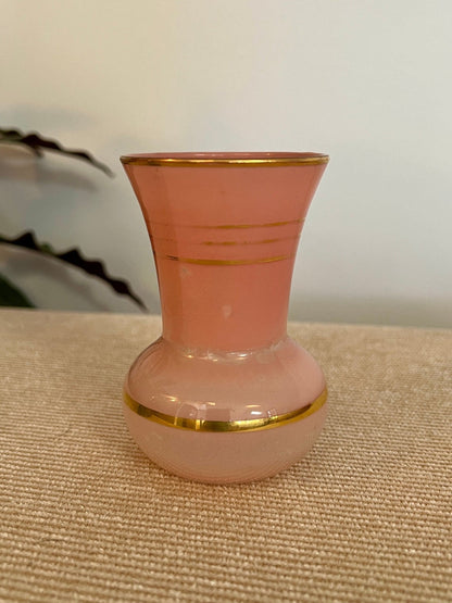 Pair of Mid - Century Striped Glass Vases Pink Blue Gold - Loom Vintage
