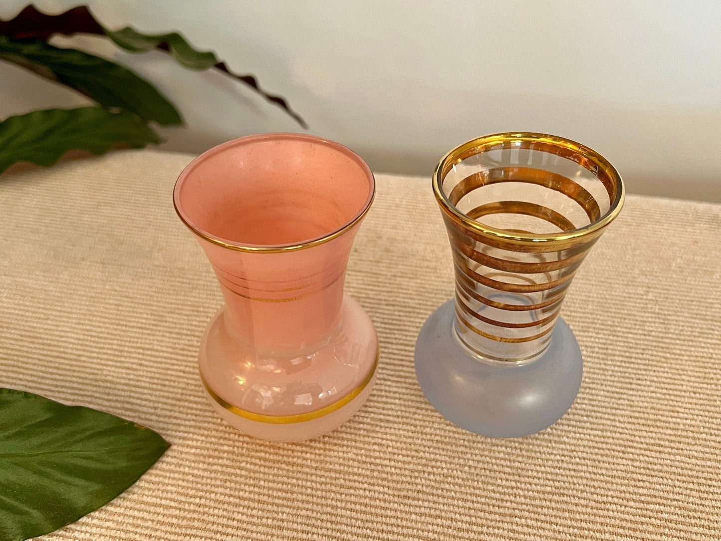 Pair of Mid - Century Striped Glass Vases Pink Blue Gold - Loom Vintage