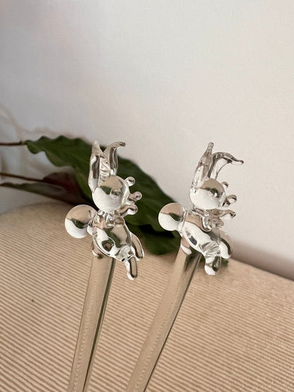 Pair of Vintage Hand Blown Animal, Bunny, Swizzle Sticks, Glass Drink Stirrers, Rabbit Beverage Mixers - Loom Vintage