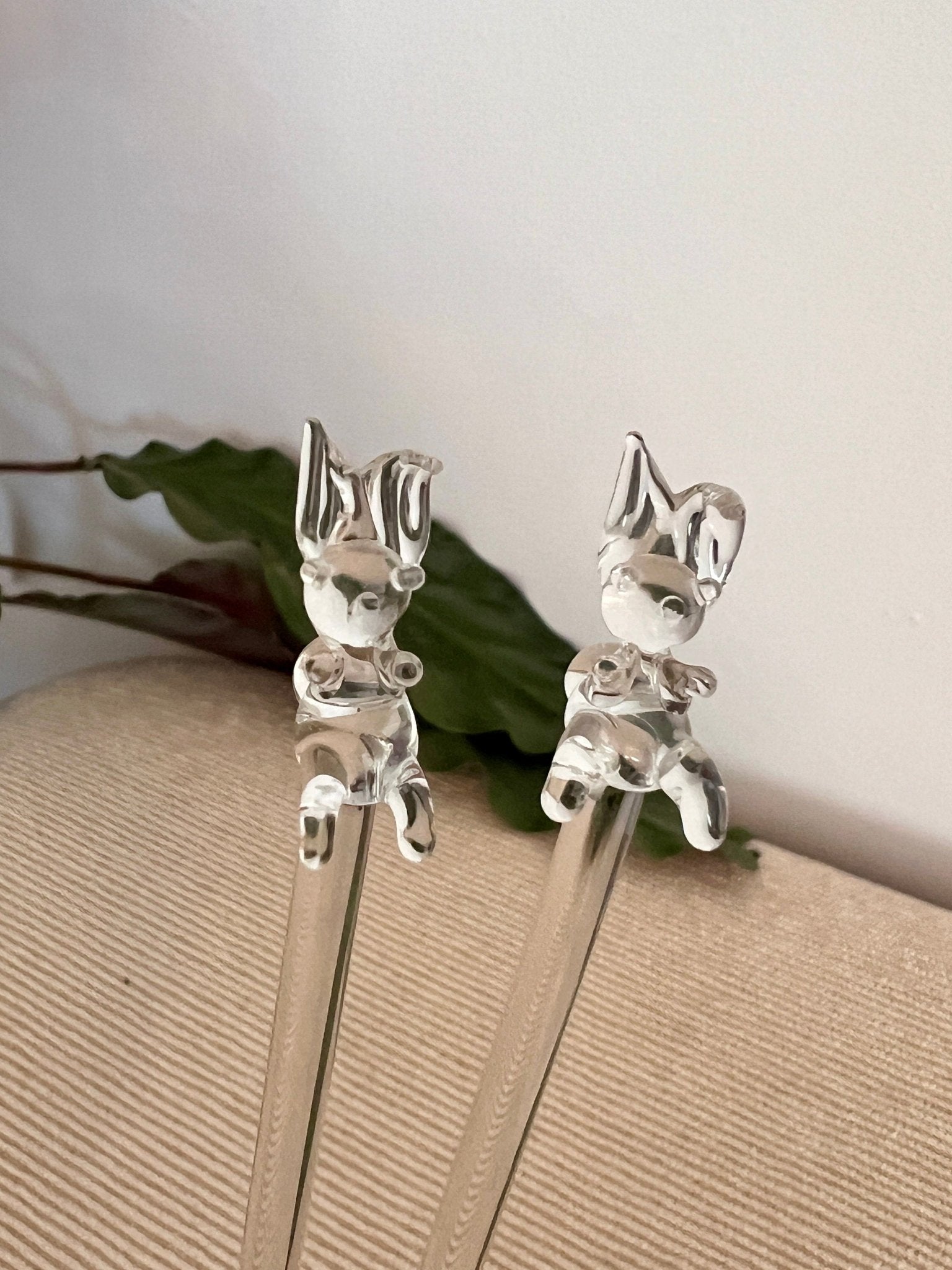 Pair of Vintage Hand Blown Animal, Bunny, Swizzle Sticks, Glass Drink Stirrers, Rabbit Beverage Mixers - Loom Vintage