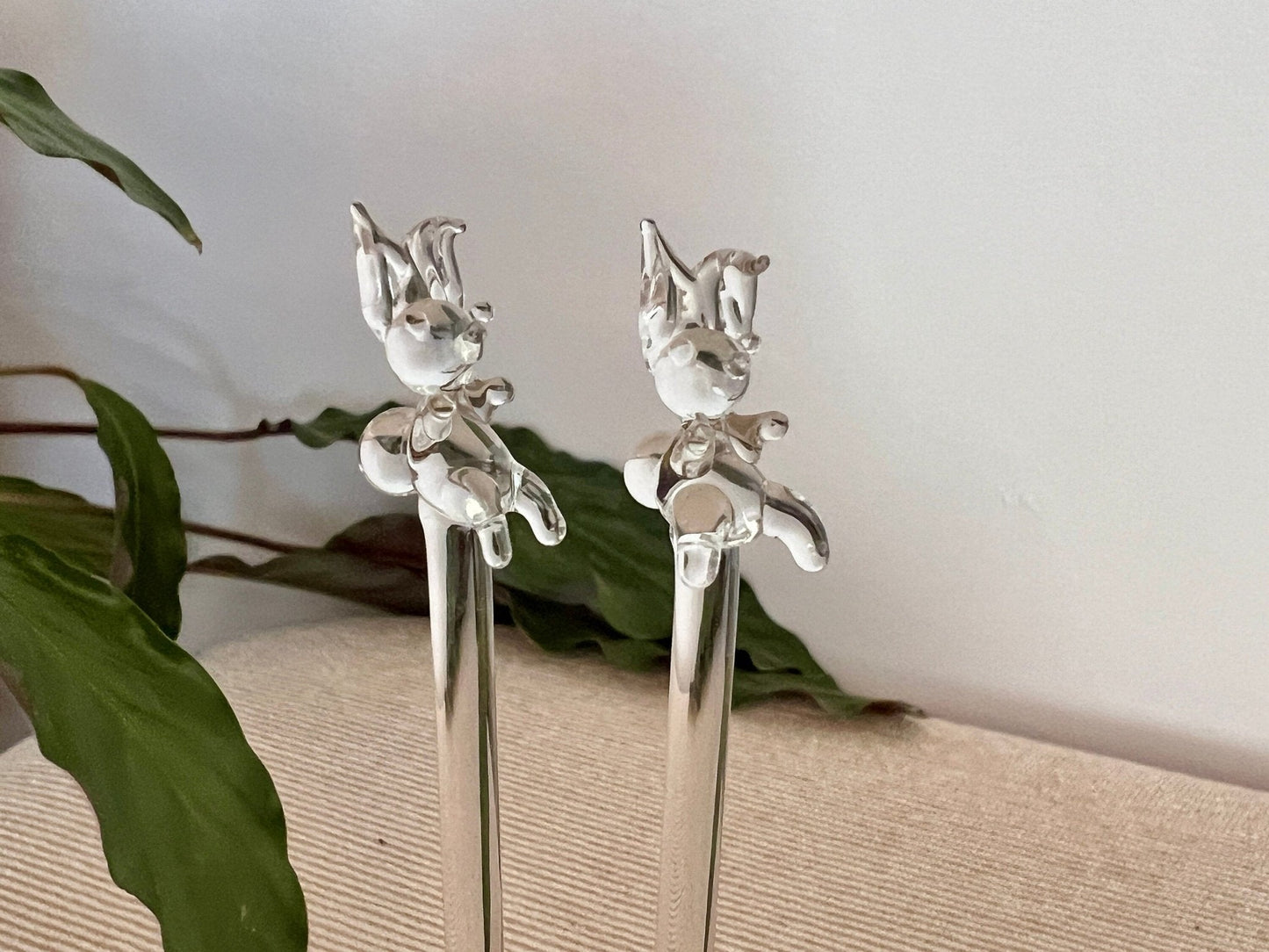 Pair of Vintage Hand Blown Animal, Bunny, Swizzle Sticks, Glass Drink Stirrers, Rabbit Beverage Mixers - Loom Vintage