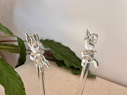Pair of Vintage Hand Blown Animal, Bunny, Swizzle Sticks, Glass Drink Stirrers, Rabbit Beverage Mixers - Loom Vintage