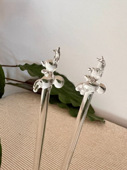 Pair of Vintage Hand Blown Animal, Bunny, Swizzle Sticks, Glass Drink Stirrers, Rabbit Beverage Mixers - Loom Vintage