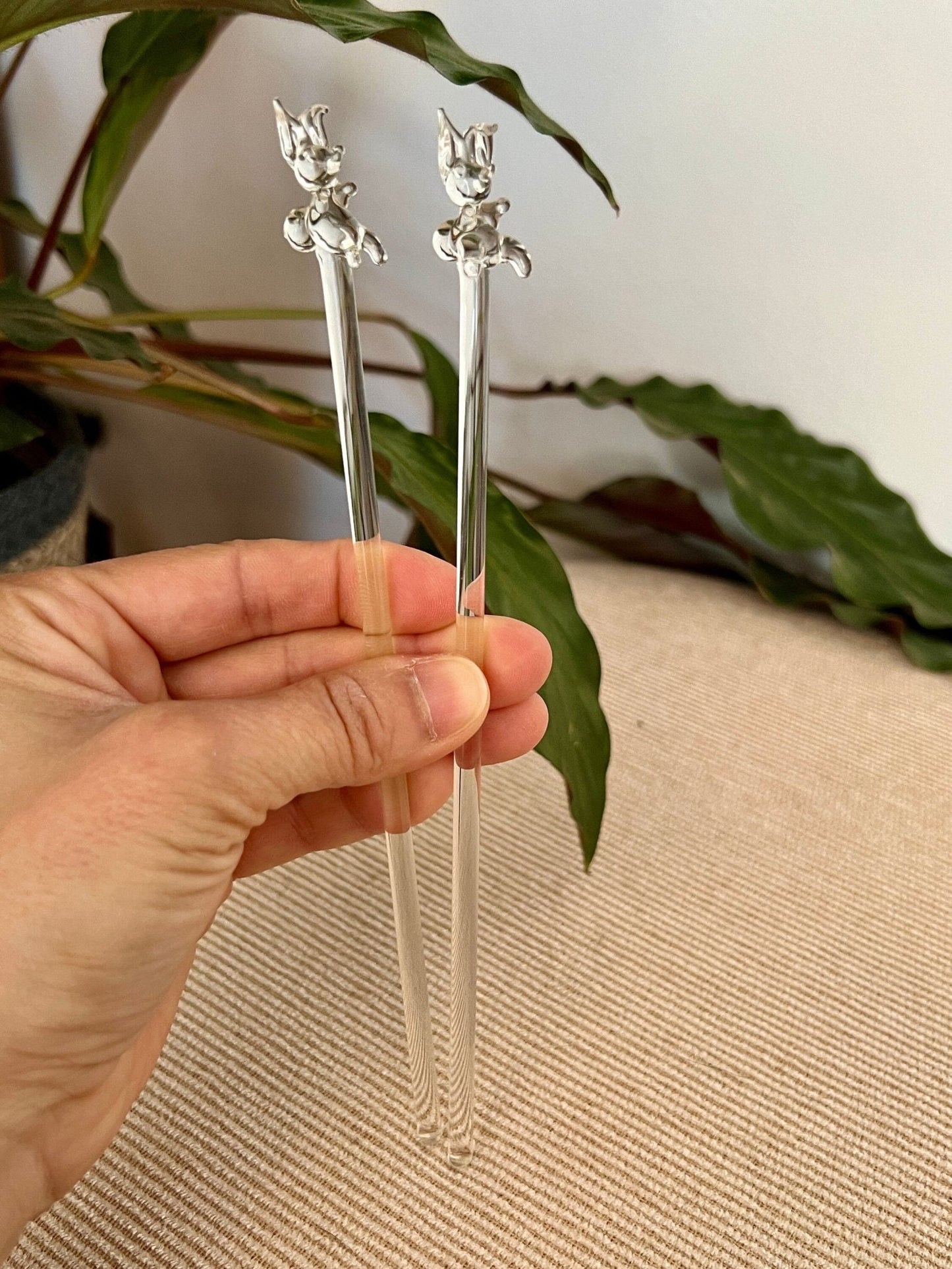 Pair of Vintage Hand Blown Animal, Bunny, Swizzle Sticks, Glass Drink Stirrers, Rabbit Beverage Mixers - Loom Vintage