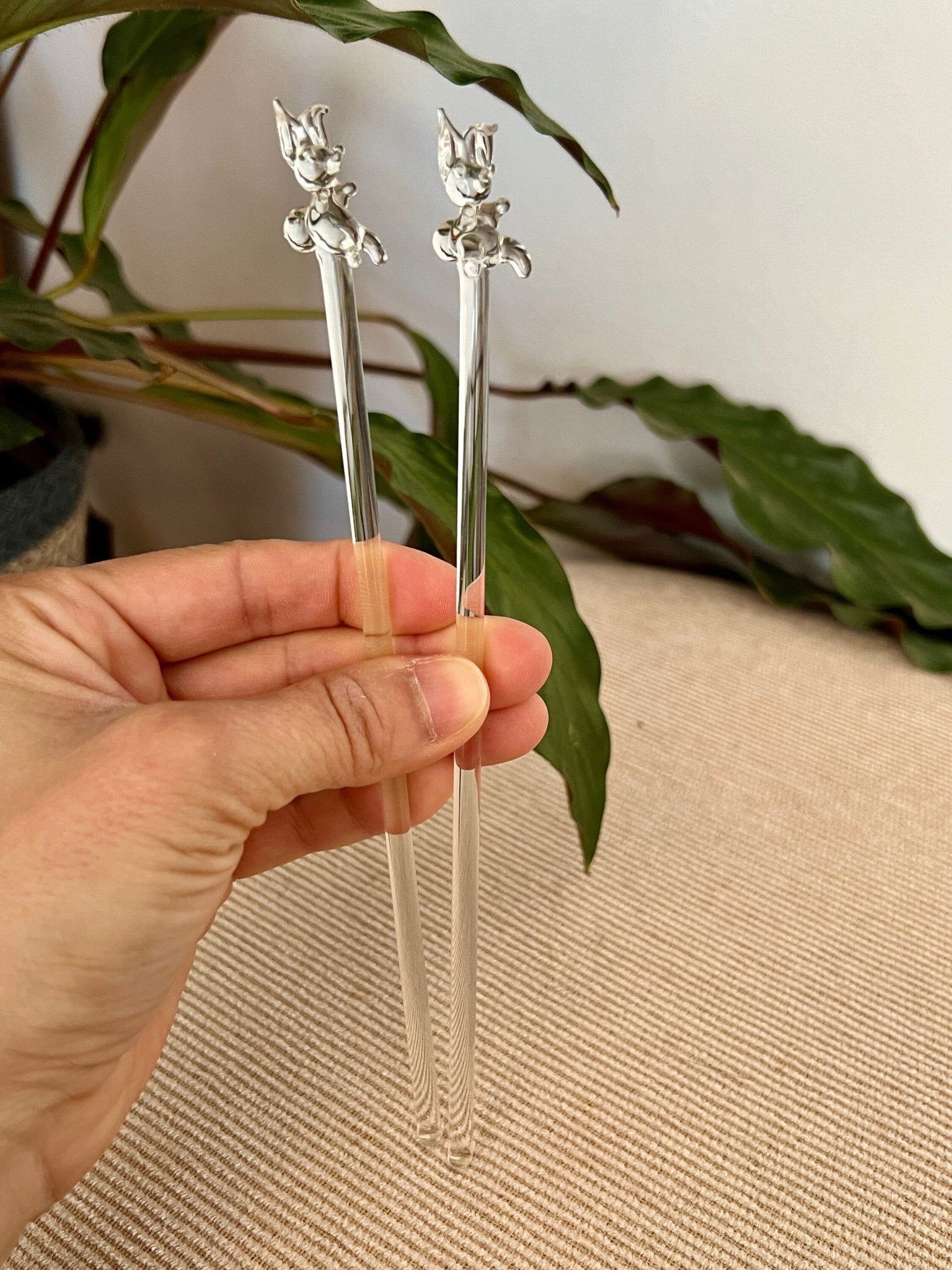 Pair of Vintage Hand Blown Animal, Bunny, Swizzle Sticks, Glass Drink Stirrers, Rabbit Beverage Mixers - Loom Vintage