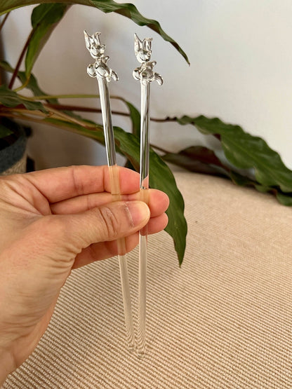 Pair of Vintage Hand Blown Animal, Bunny, Swizzle Sticks, Glass Drink Stirrers, Rabbit Beverage Mixers - Loom Vintage