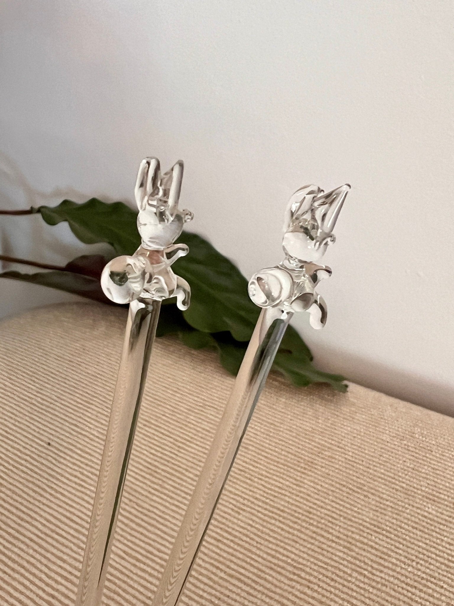 Pair of Vintage Hand Blown Animal, Bunny, Swizzle Sticks, Glass Drink Stirrers, Rabbit Beverage Mixers - Loom Vintage