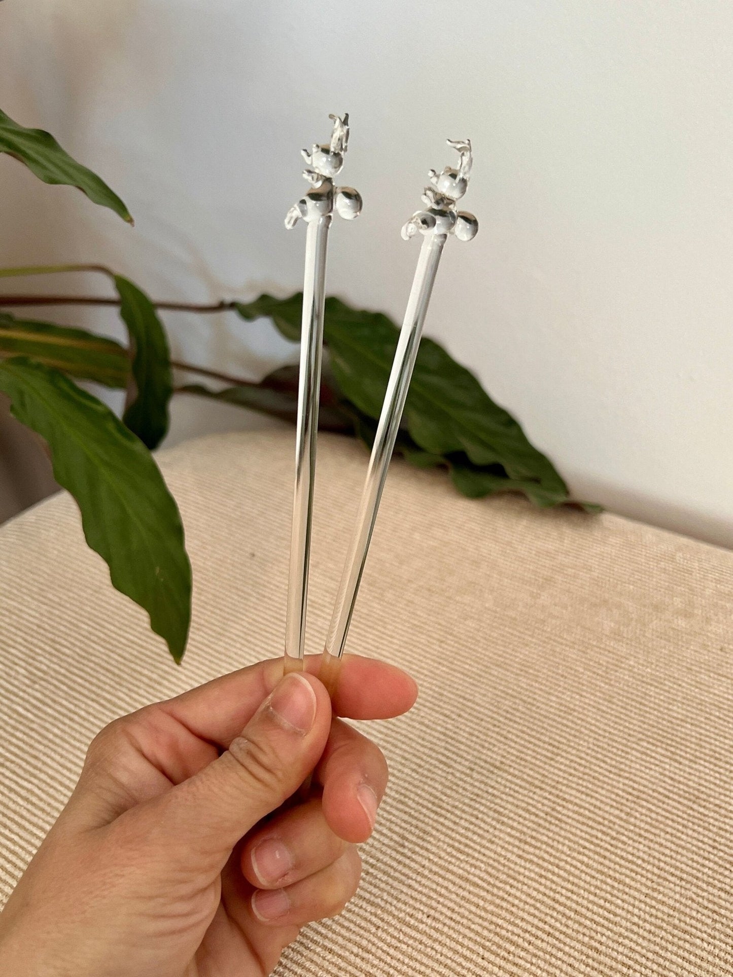 Pair of Vintage Hand Blown Animal, Bunny, Swizzle Sticks, Glass Drink Stirrers, Rabbit Beverage Mixers - Loom Vintage
