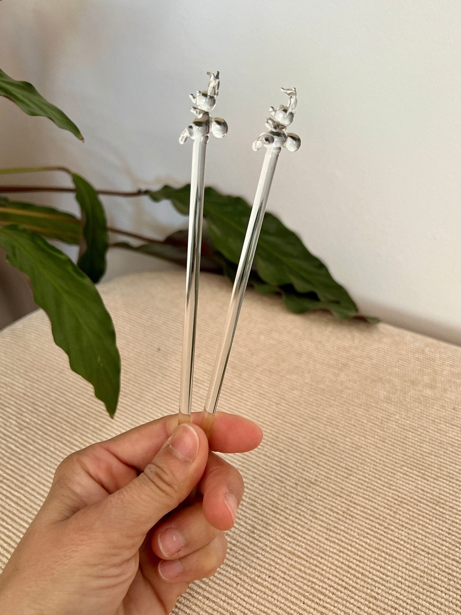 Pair of Vintage Hand Blown Animal, Bunny, Swizzle Sticks, Glass Drink Stirrers, Rabbit Beverage Mixers - Loom Vintage