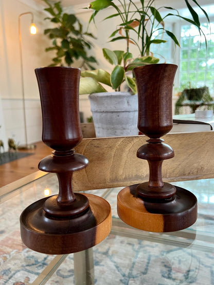 Pair of Vintage Wooden Candle Sticks, Hand Carved Tulip Shaped Candle Holders, MCM, Olive Wood, Treenware, Taper Candlesticks, Danish Modern - Loom Vintage