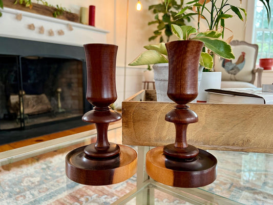Pair of Vintage Wooden Candle Sticks, Hand Carved Tulip Shaped Candle Holders, MCM, Olive Wood, Treenware, Taper Candlesticks, Danish Modern - Loom Vintage