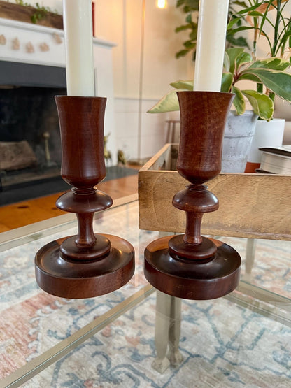Pair of Vintage Wooden Candle Sticks, Hand Carved Tulip Shaped Candle Holders, MCM, Olive Wood, Treenware, Taper Candlesticks, Danish Modern - Loom Vintage