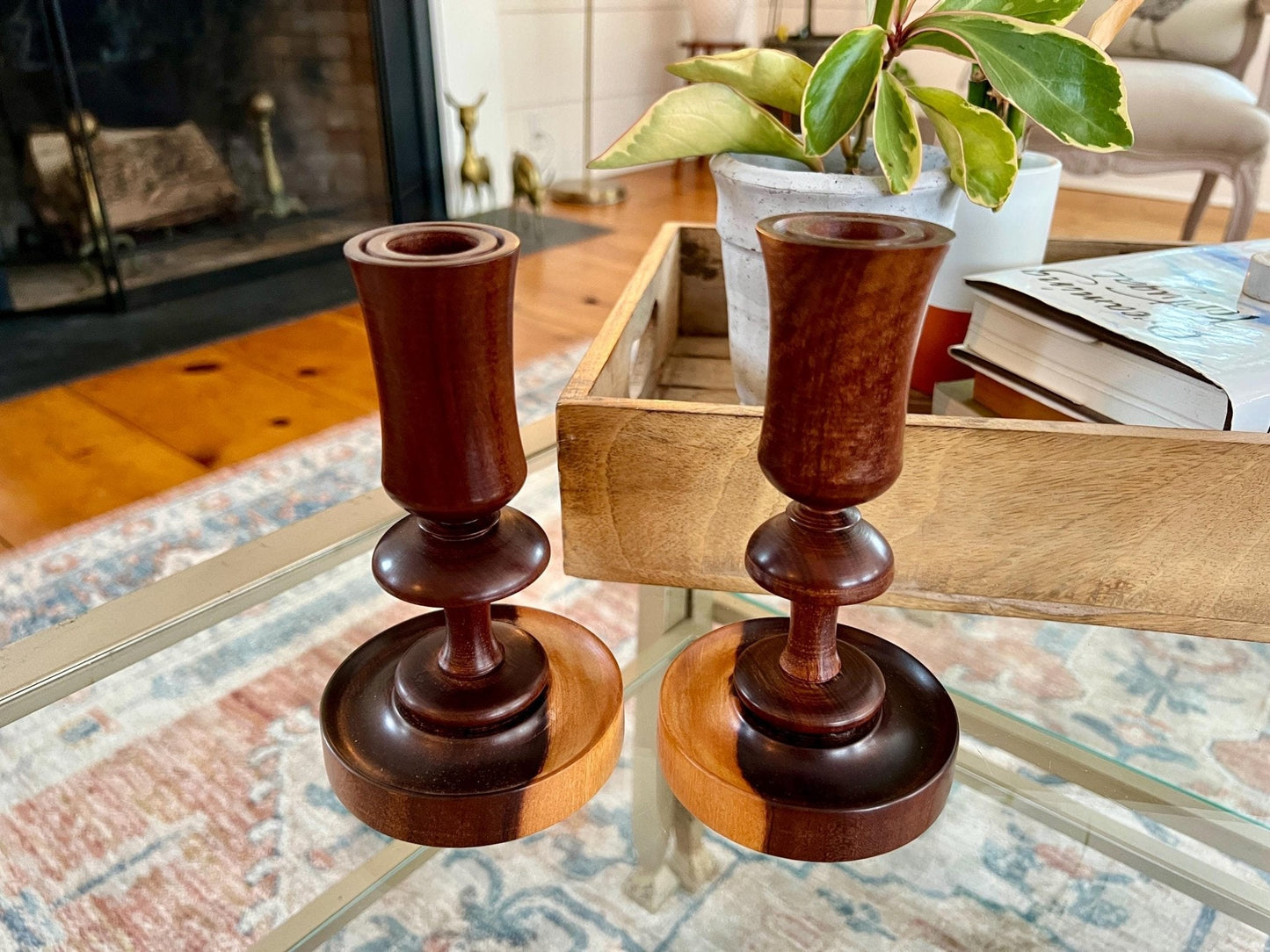 Pair of Vintage Wooden Candle Sticks, Hand Carved Tulip Shaped Candle Holders, MCM, Olive Wood, Treenware, Taper Candlesticks, Danish Modern - Loom Vintage