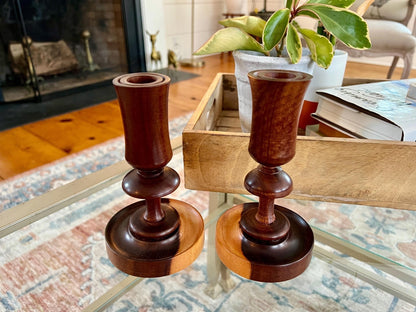 Pair of Vintage Wooden Candle Sticks, Hand Carved Tulip Shaped Candle Holders, MCM, Olive Wood, Treenware, Taper Candlesticks, Danish Modern - Loom Vintage