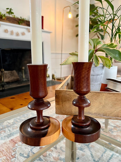 Pair of Vintage Wooden Candle Sticks, Hand Carved Tulip Shaped Candle Holders, MCM, Olive Wood, Treenware, Taper Candlesticks, Danish Modern - Loom Vintage