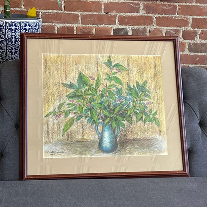 Pastel Still Life by Edith Austin – 1968 Signed, Framed Artwork of Greenery in Blue Vase - Loom Vintage