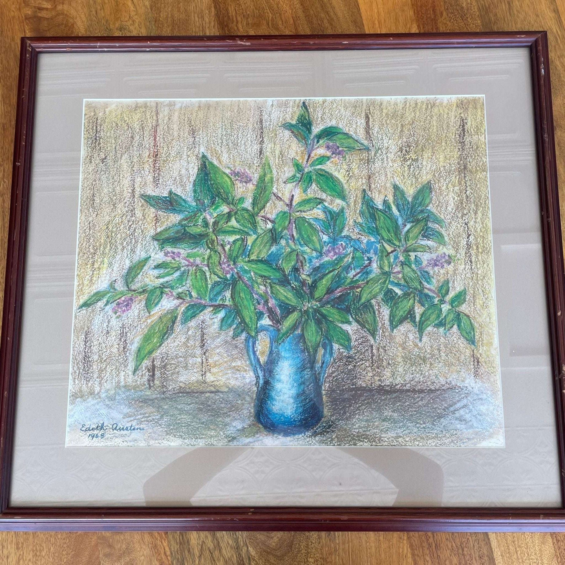 Pastel Still Life by Edith Austin – 1968 Signed, Framed Artwork of Greenery in Blue Vase - Loom Vintage