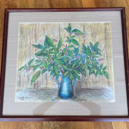 Pastel Still Life by Edith Austin – 1968 Signed, Framed Artwork of Greenery in Blue Vase - Loom Vintage
