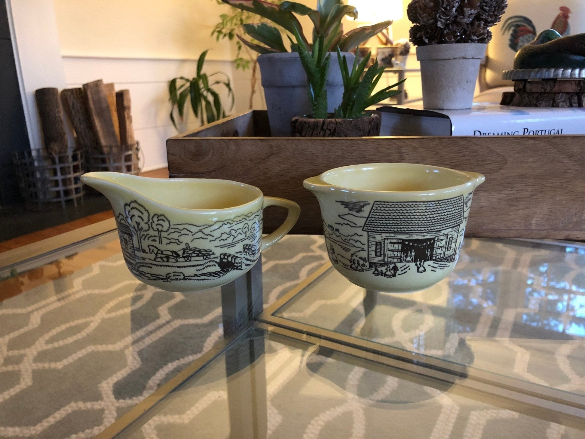 Pennsylvania Dutch Yellow Harvest Sugar and Creamer Set, Creamer Pitcher and Sugar Bowls - Loom Vintage