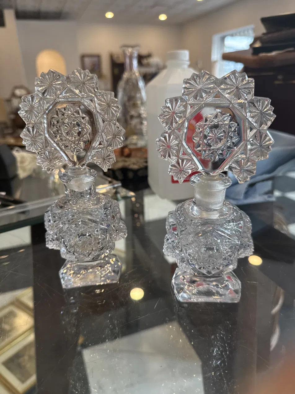 Art Deco Cut Glass Perfume Bottles with Starburst Stoppers, Pair — 1930s, 6.5–7"H
