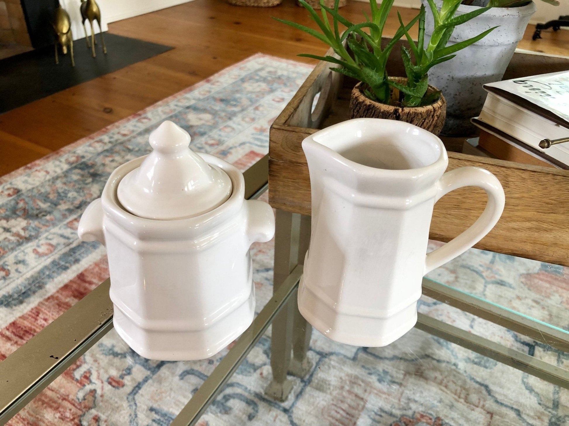 Pfaltzgraff Heritage White Sugar and Creamer Set, Old Castle Mark Octagon Pottery, Made in USA, Creamer Pitcher and Sugar Bowls - Loom Vintage