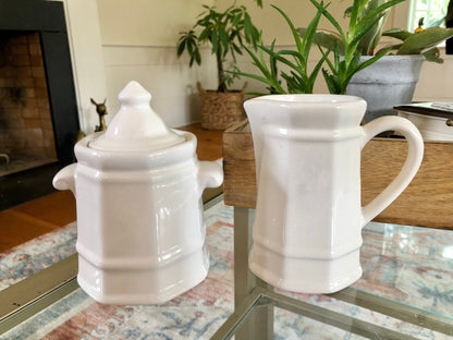 Pfaltzgraff Heritage White Sugar and Creamer Set, Old Castle Mark Octagon Pottery, Made in USA, Creamer Pitcher and Sugar Bowls - Loom Vintage