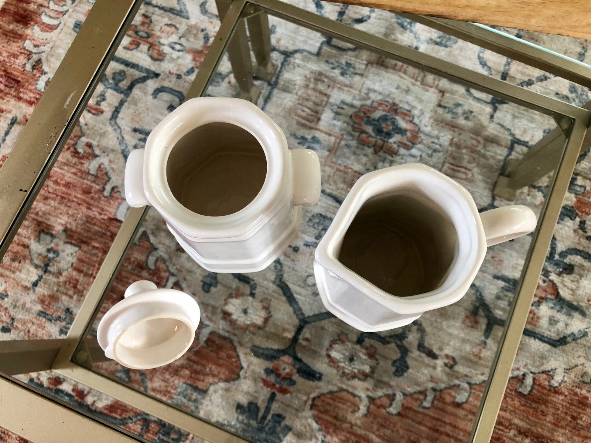 Pfaltzgraff Heritage White Sugar and Creamer Set, Old Castle Mark Octagon Pottery, Made in USA, Creamer Pitcher and Sugar Bowls - Loom Vintage