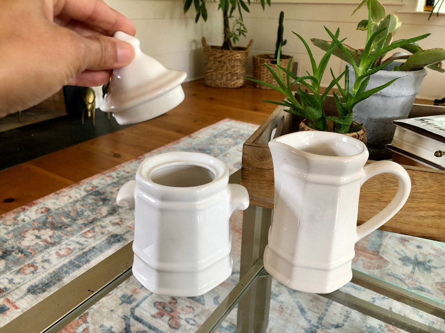 Pfaltzgraff Heritage White Sugar and Creamer Set, Old Castle Mark Octagon Pottery, Made in USA, Creamer Pitcher and Sugar Bowls - Loom Vintage