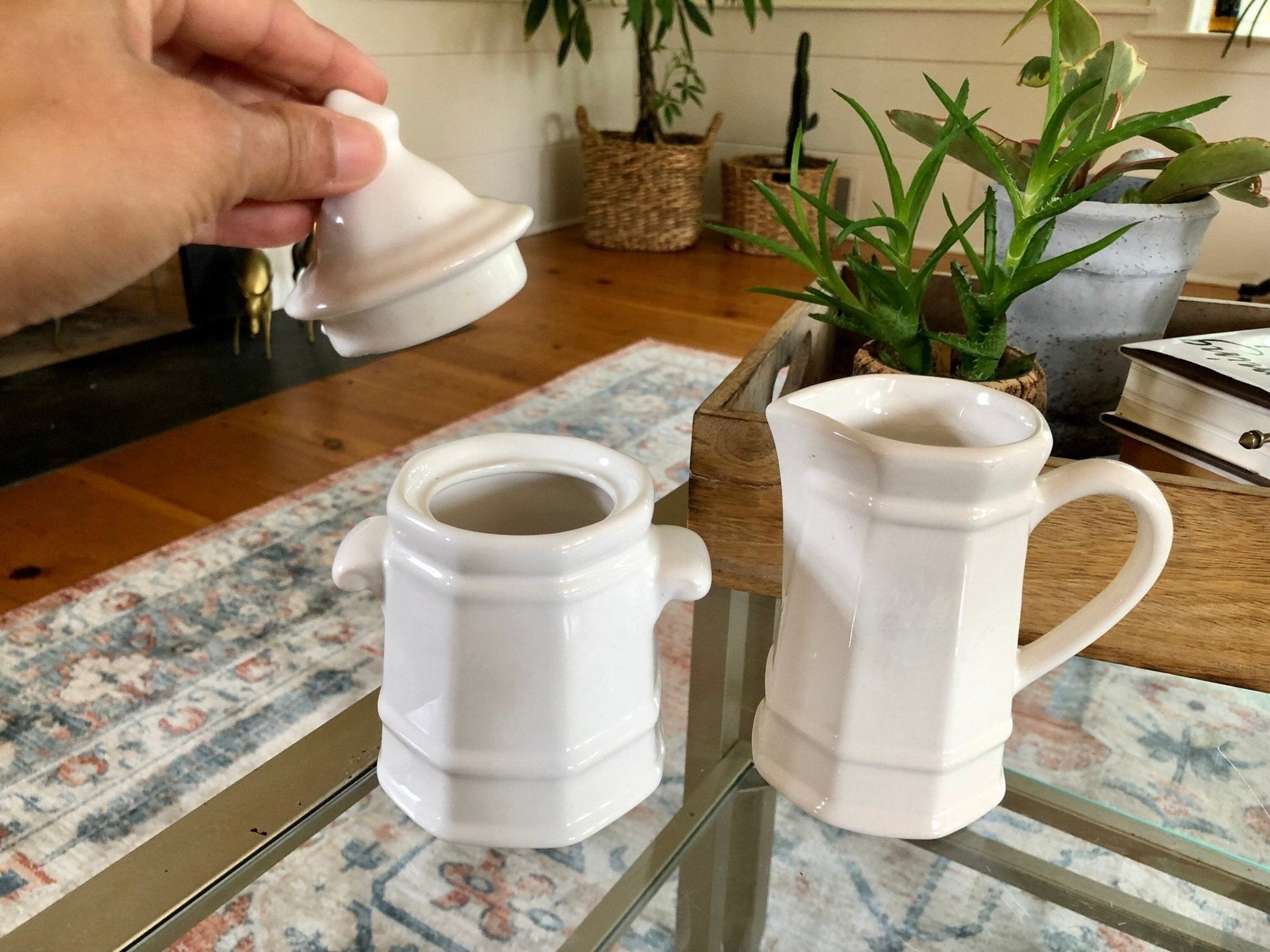 Pfaltzgraff Heritage White Sugar and Creamer Set, Old Castle Mark Octagon Pottery, Made in USA, Creamer Pitcher and Sugar Bowls - Loom Vintage