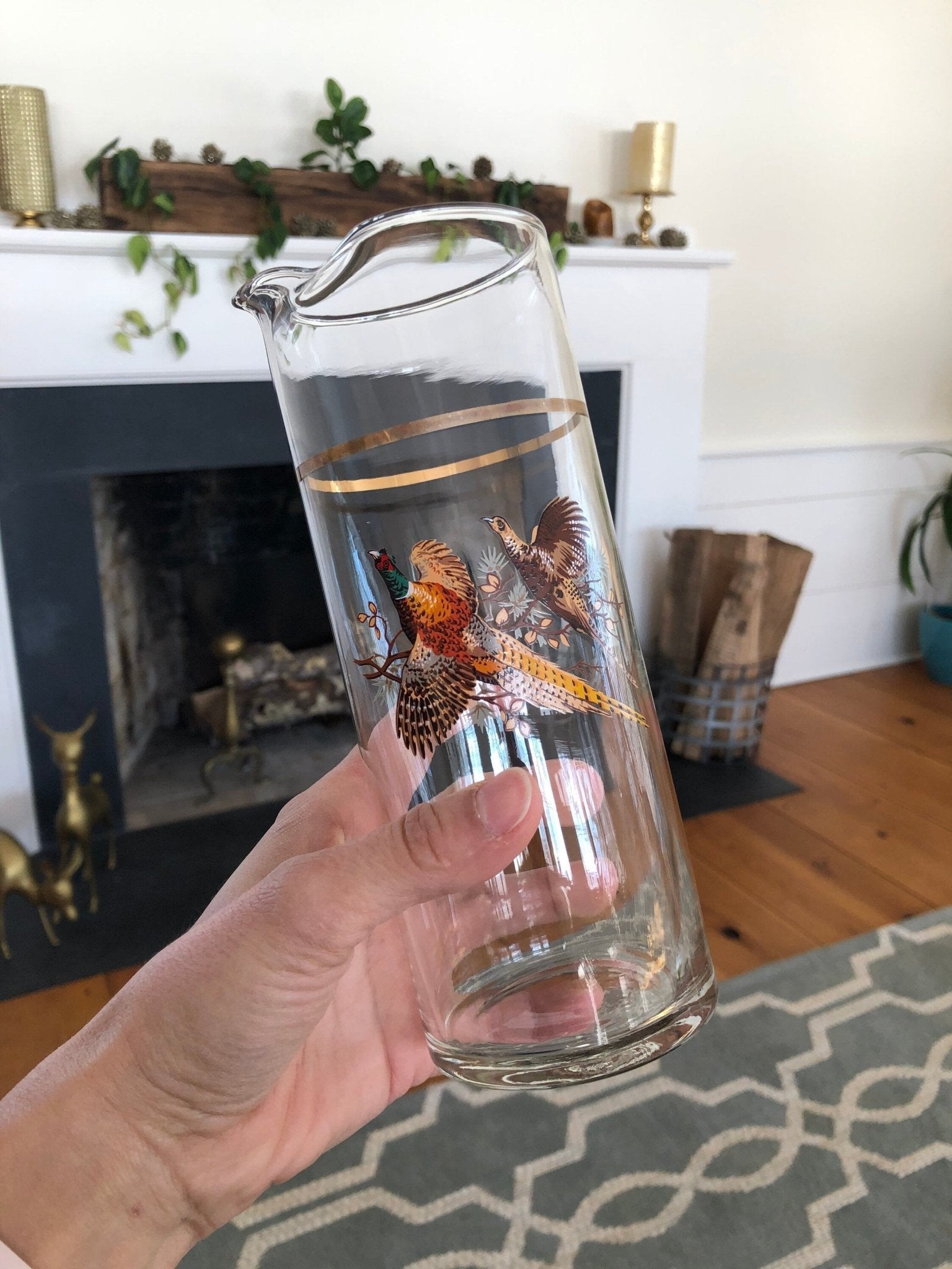 Pheasant Decanter / Martini Cocktail Pitcher / Rooster Hen / Tall Mid Century Glass / Retro Pitcher Gold Band / Vintage Bar Ware / Cocktail - Loom Vintage