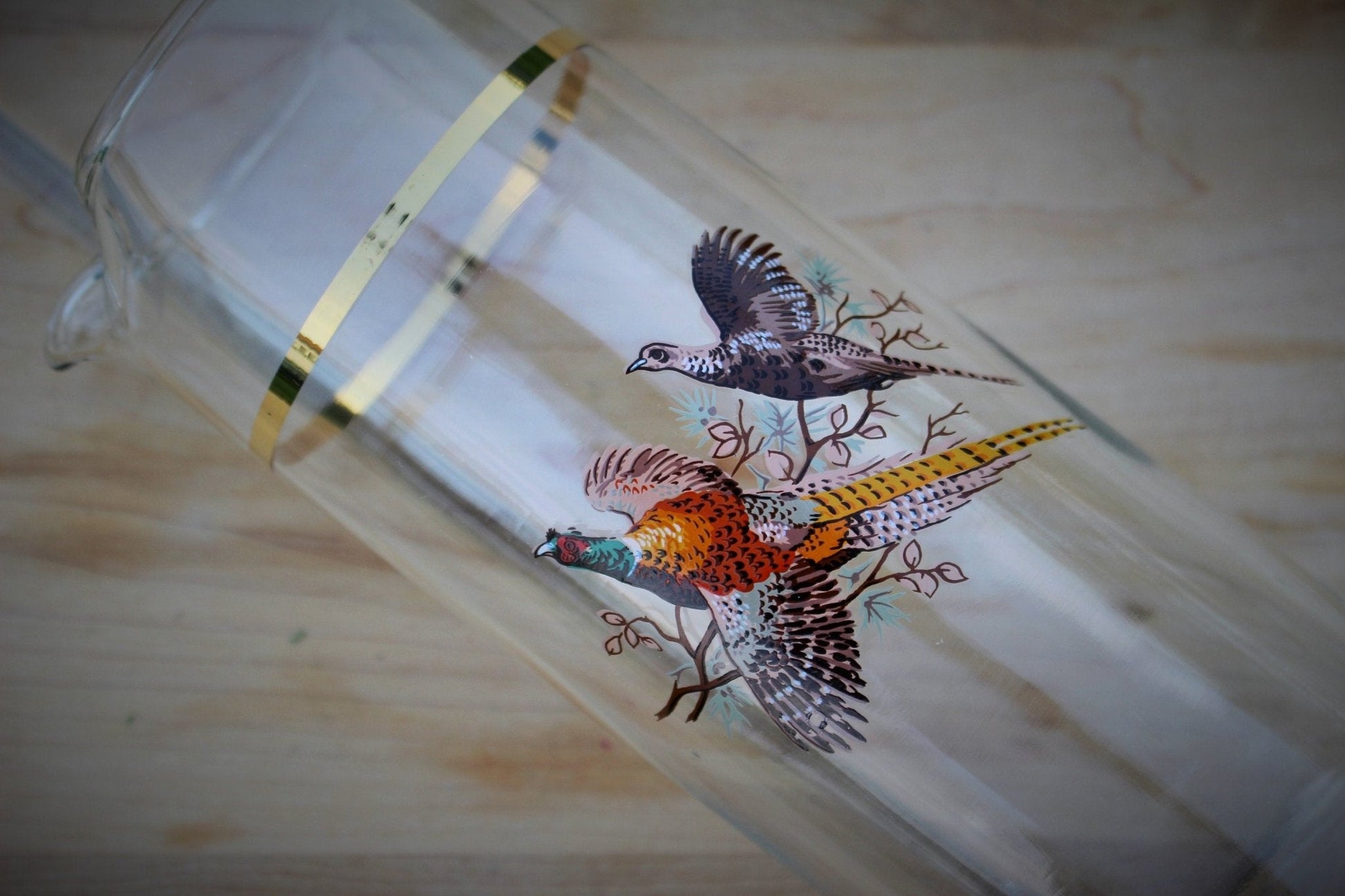 Pheasant Decanter / Martini Cocktail Pitcher / Rooster Hen / Tall Mid Century Glass / Retro Pitcher Gold Band / Vintage Bar Ware / Cocktail - Loom Vintage
