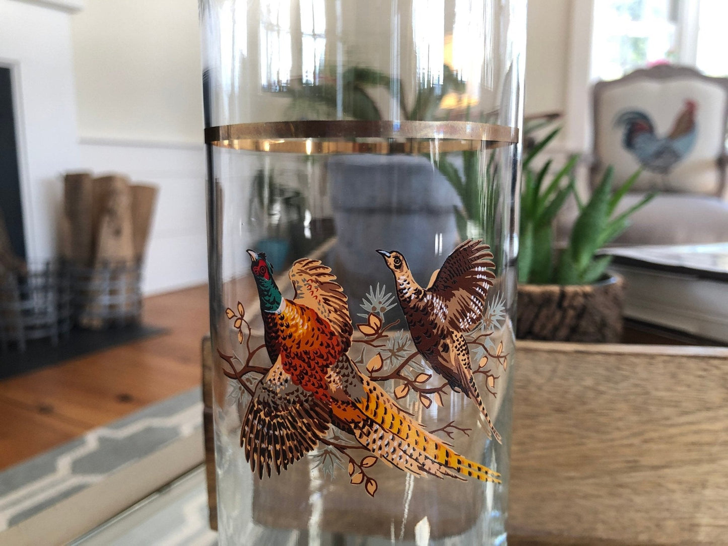Pheasant Decanter / Martini Cocktail Pitcher / Rooster Hen / Tall Mid Century Glass / Retro Pitcher Gold Band / Vintage Bar Ware / Cocktail - Loom Vintage