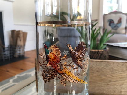 Pheasant Decanter / Martini Cocktail Pitcher / Rooster Hen / Tall Mid Century Glass / Retro Pitcher Gold Band / Vintage Bar Ware / Cocktail - Loom Vintage