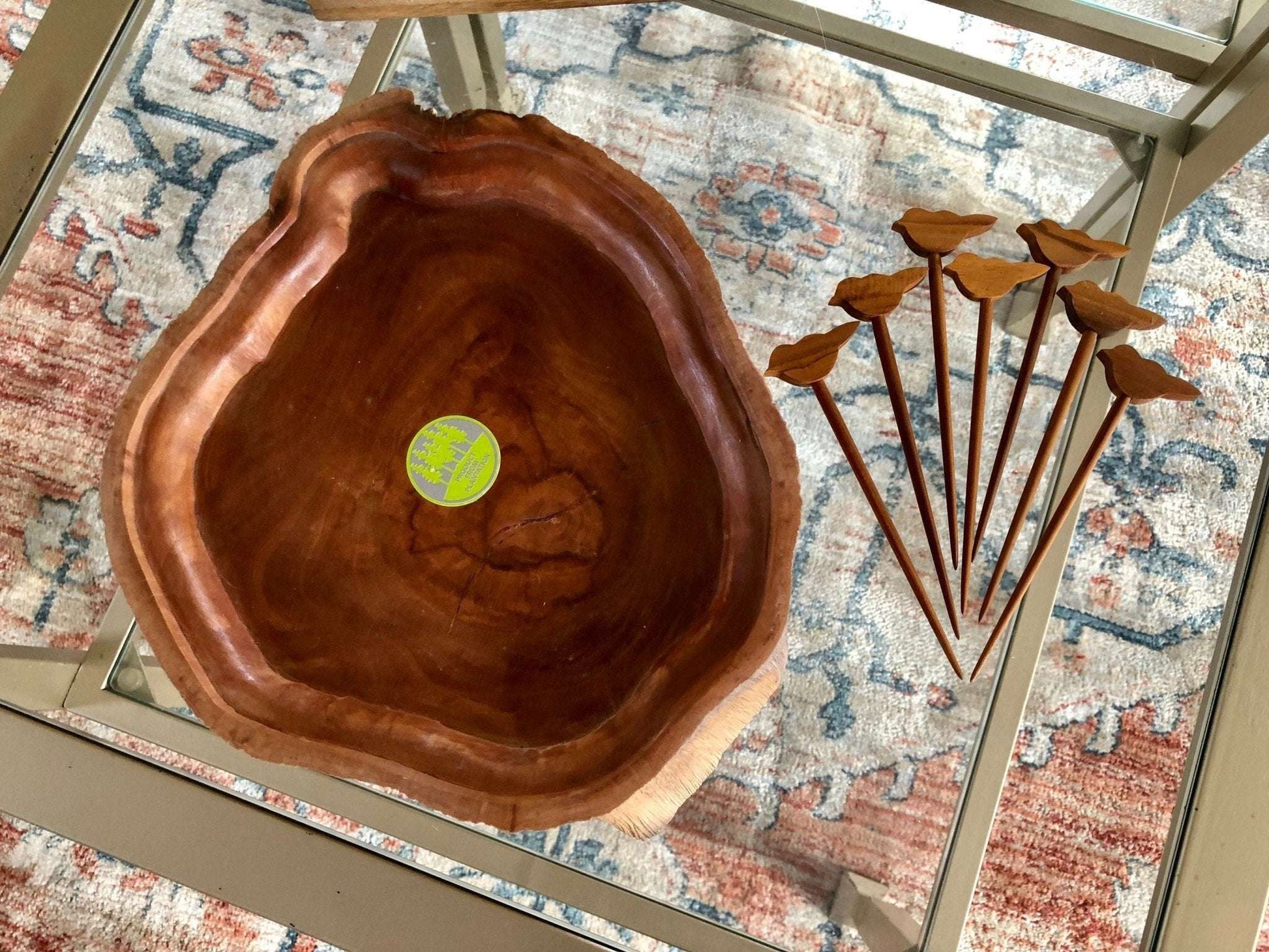 Planation Wood Serving Dish with Matching Bird Appetizer Skewers, Servingware, Serving Tray - Loom Vintage