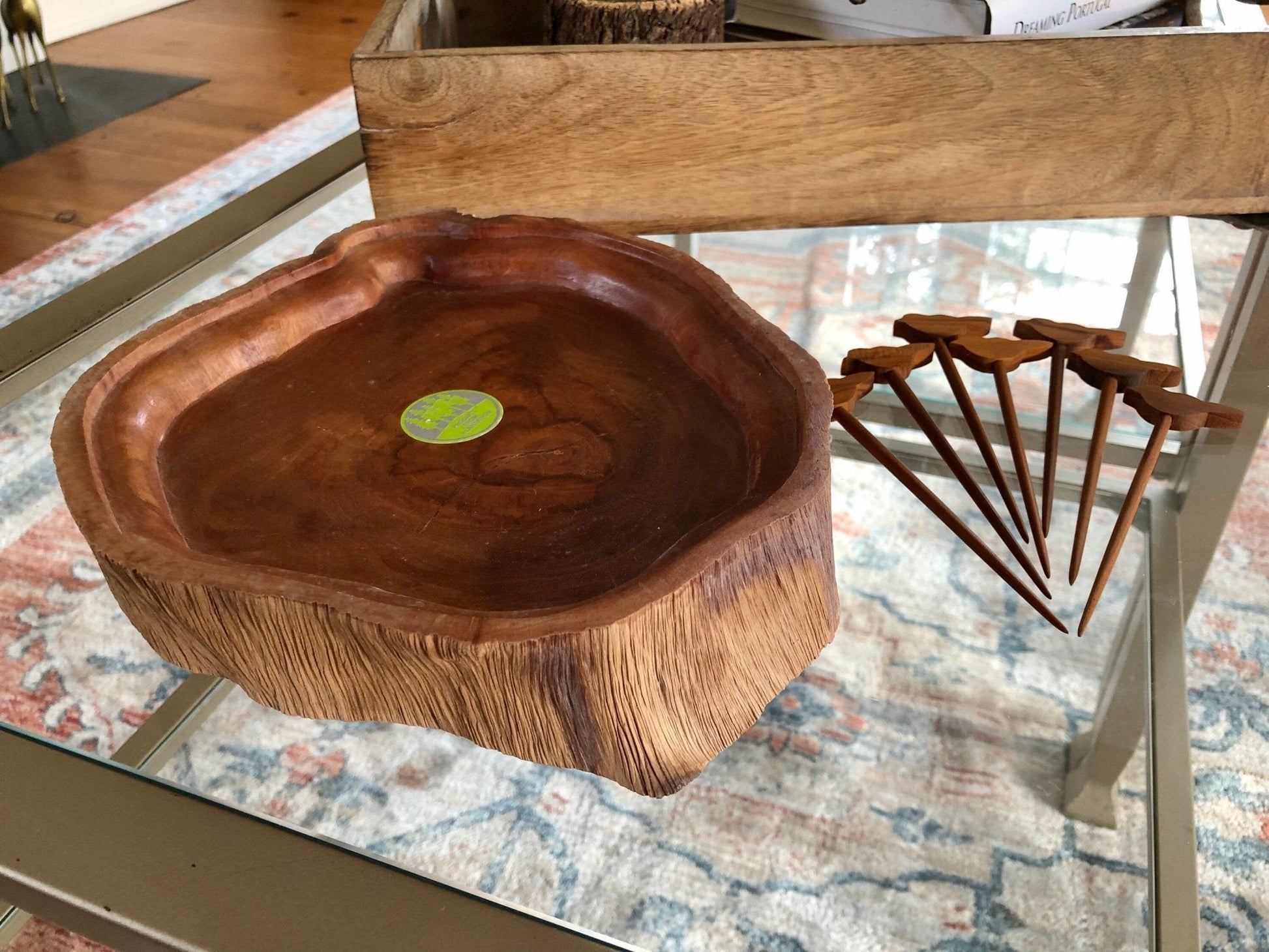 Plantation Wood Natural Edge Serving Dish with Bird Appetizer Skewers — Set of 7, 9.5" - Loom Vintage
