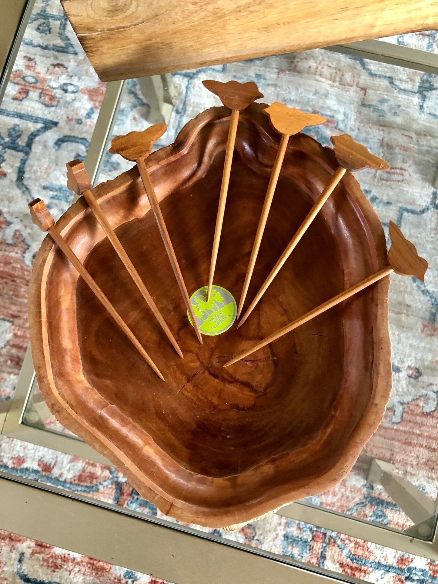 Plantation Wood Natural Edge Serving Dish with Bird Appetizer Skewers — Set of 7, 9.5" - Loom Vintage