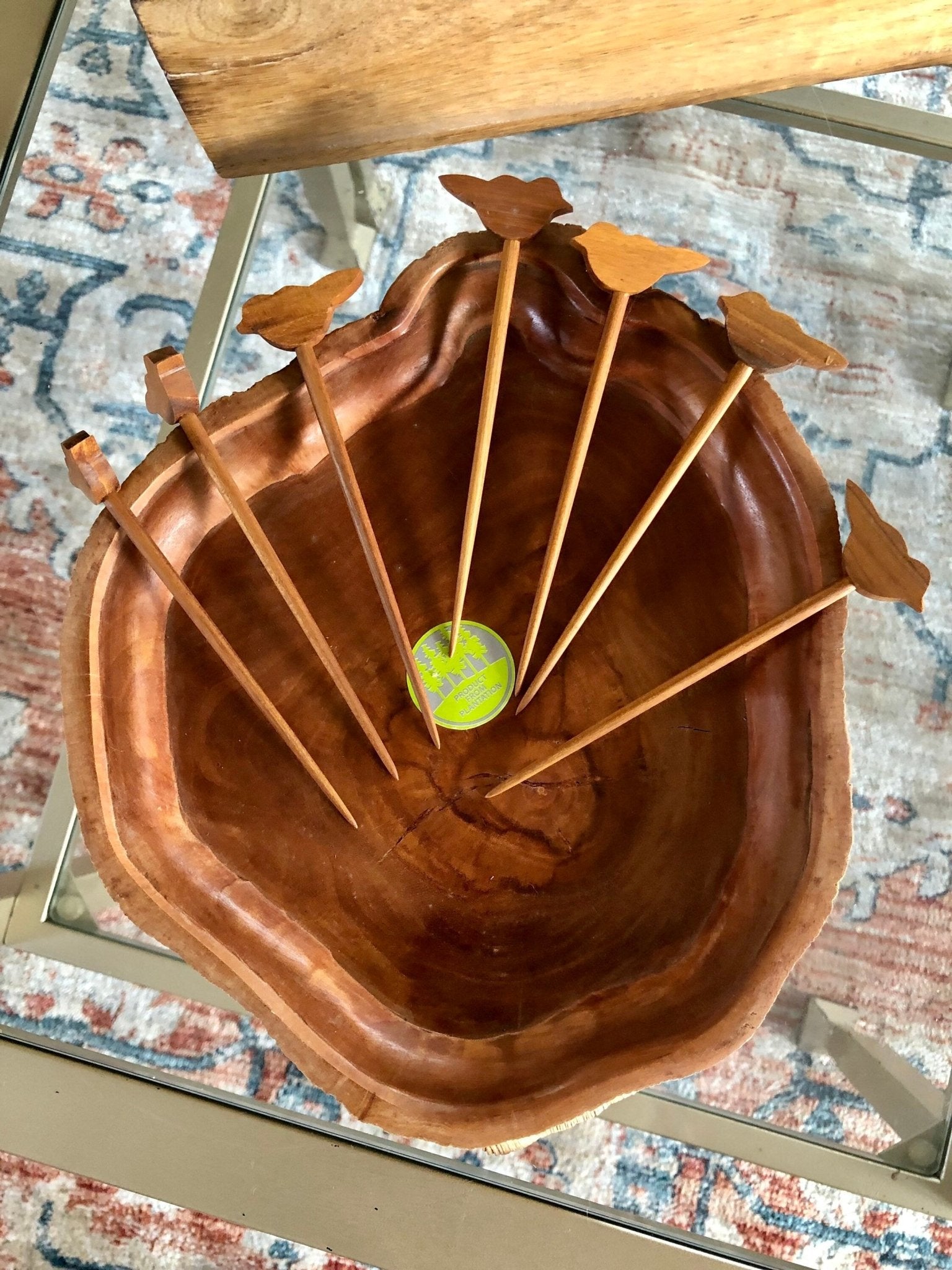 Plantation Wood Natural Edge Serving Dish with Bird Appetizer Skewers — Set of 7, 9.5" - Loom Vintage