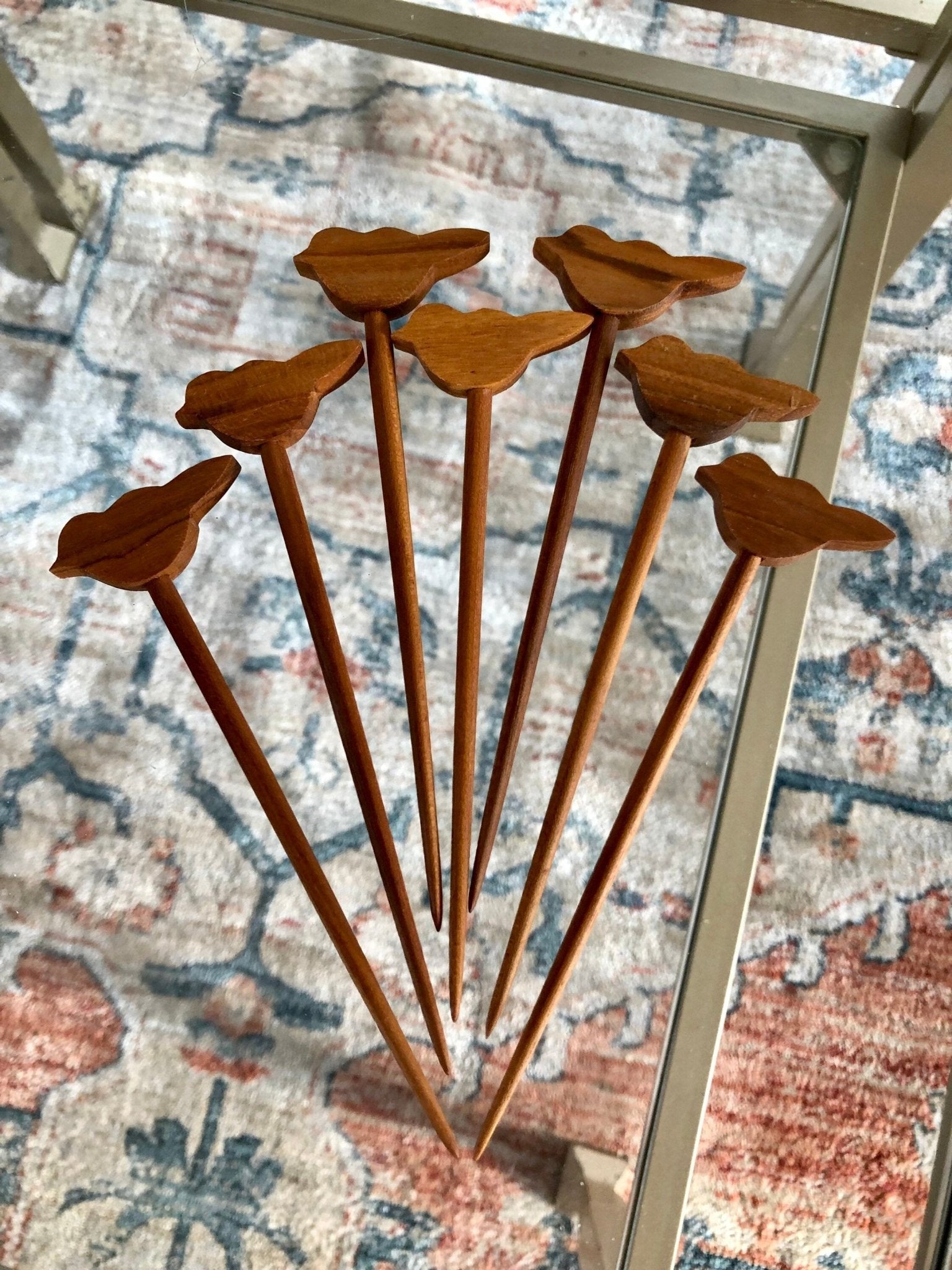 Plantation Wood Natural Edge Serving Dish with Bird Appetizer Skewers — Set of 7, 9.5" - Loom Vintage