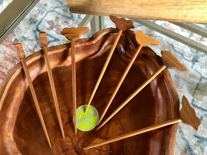 Plantation Wood Natural Edge Serving Dish with Bird Appetizer Skewers — Set of 7, 9.5" - Loom Vintage