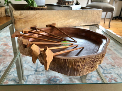 Plantation Wood Natural Edge Serving Dish with Bird Appetizer Skewers — Set of 7, 9.5" - Loom Vintage