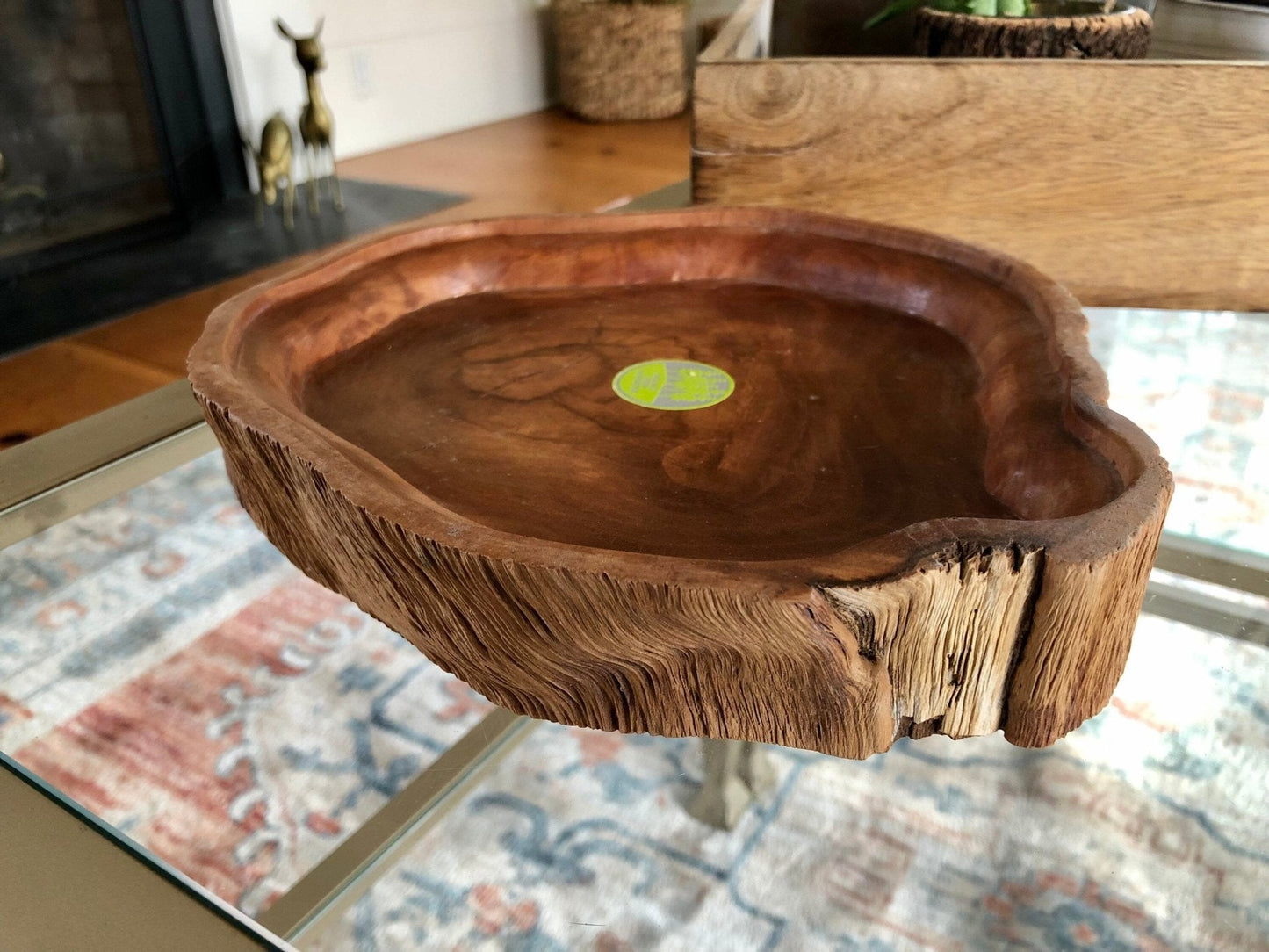 Plantation Wood Natural Edge Serving Dish with Bird Appetizer Skewers — Set of 7, 9.5" - Loom Vintage