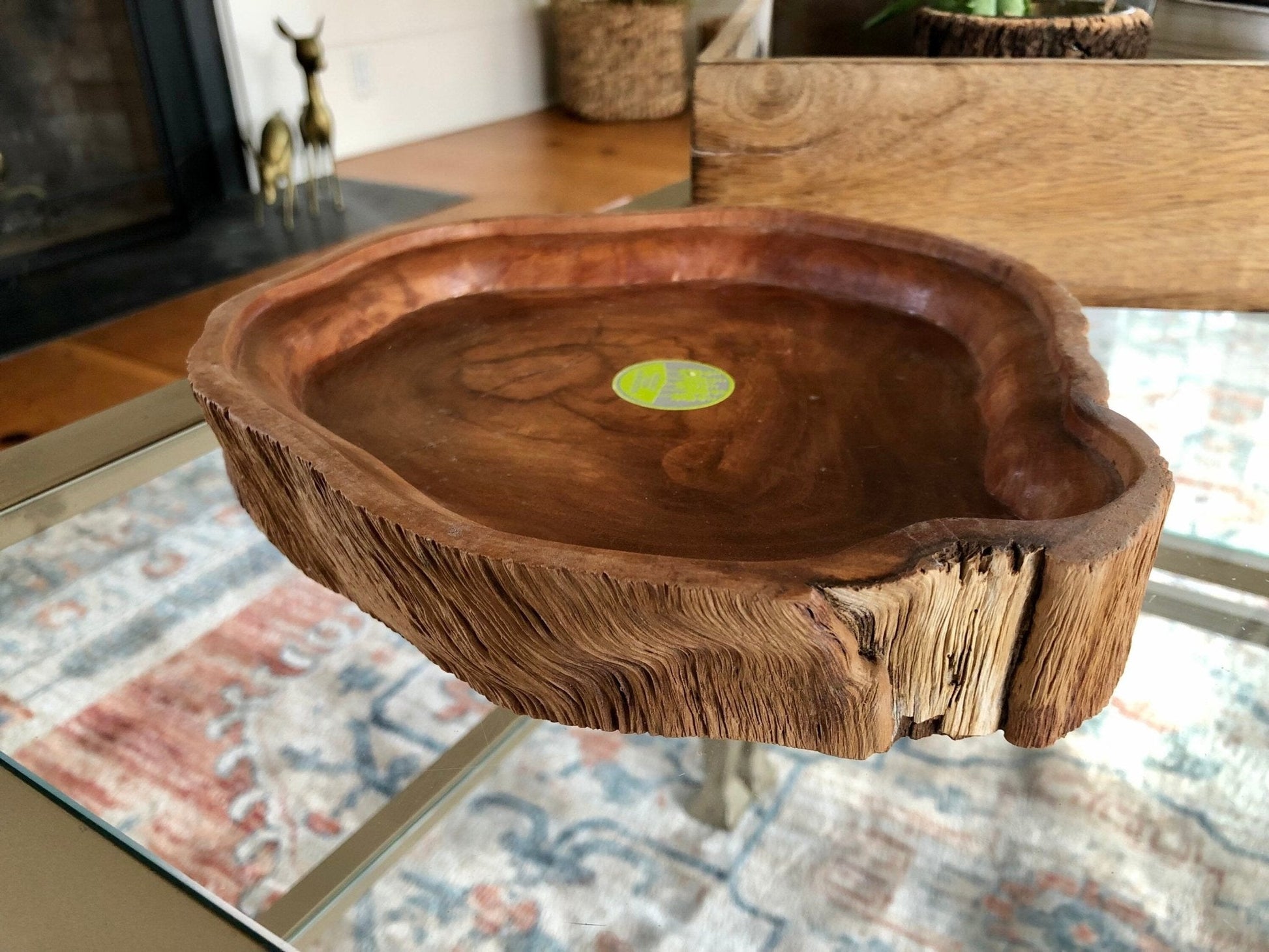 Plantation Wood Natural Edge Serving Dish with Bird Appetizer Skewers — Set of 7, 9.5" - Loom Vintage