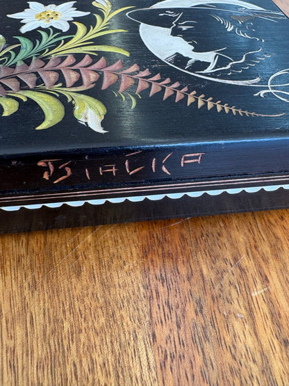 Polish Bialka Lacquerware Jewelry Box — Hand-Painted Folk Art, Bird & Floral Motif, 6.5"L - Loom Vintage